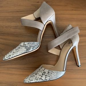 NWOT Vince Camuto taupe with reptile print wrap strap heels. Never worn.